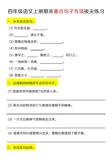 【期末重点句子专项拔尖练习】四上语文-可达学习资料