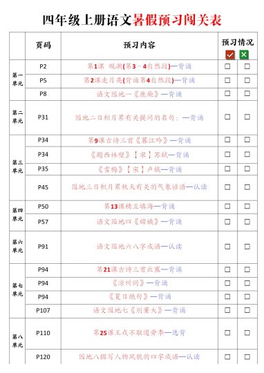 【暑假预习必背篇目闯关打卡】四上语文-可达学习资料