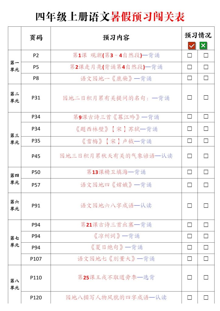 【暑假预习必背篇目闯关打卡】四上语文-可达学习资料