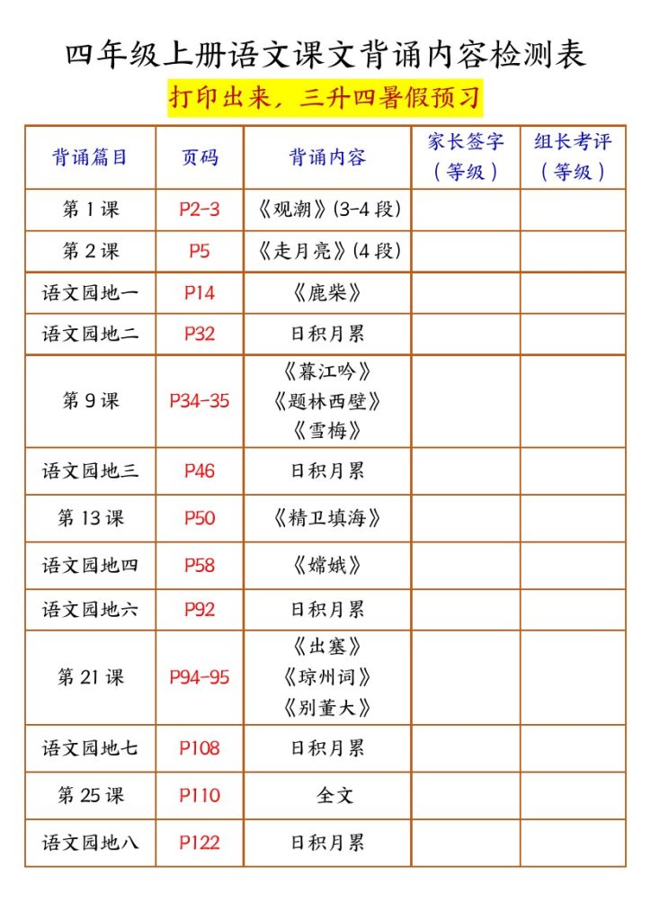 三升四暑假预习四年级上册语文课文背诵内容检测表-可达学习资料