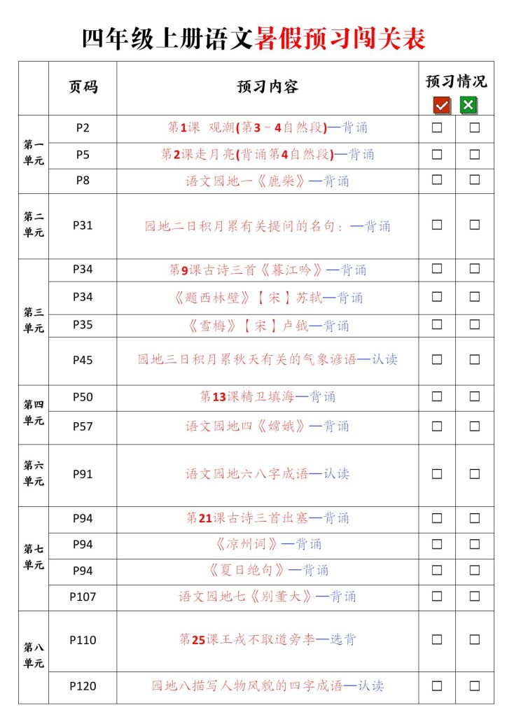 四上暑假预习必背篇目闯关打卡-可达学习资料