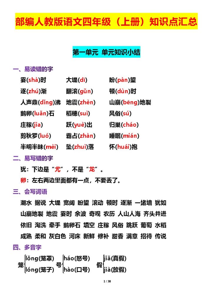 四（上）语文期末：1-8单元知识点汇总-可达学习资料