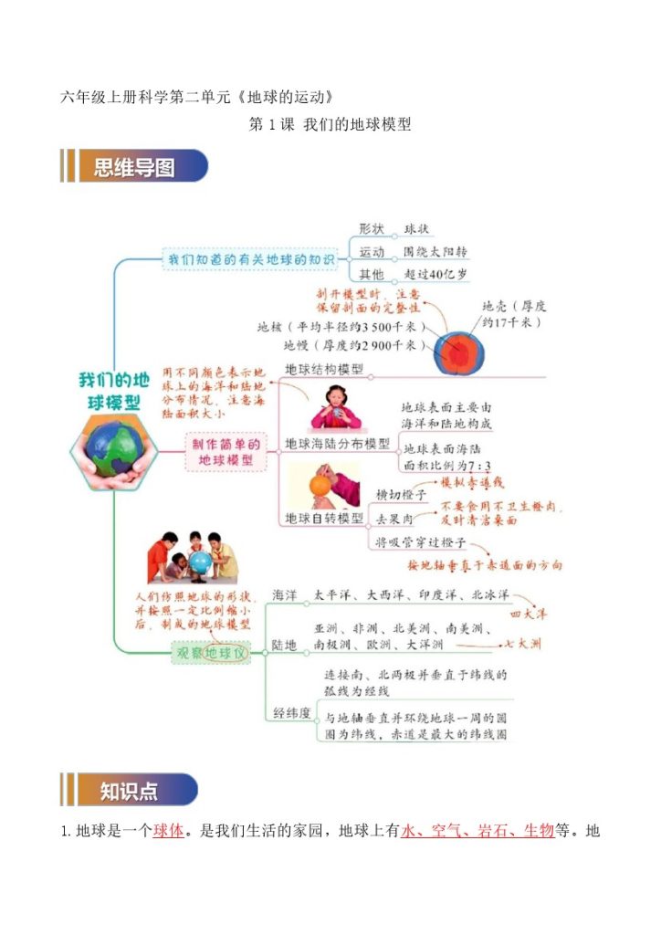 【期中知识点梳理】教科版科学第2单元 地球的运动–学年六年级科学上册期中知识强化手册（教科版）-可达学习资料
