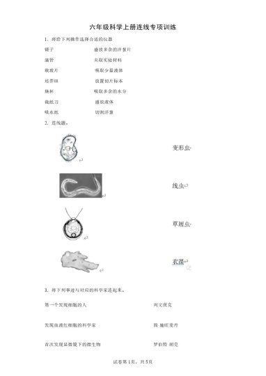新教科版六年级科学上册【连线】专项训练（含答案）-可达学习资料