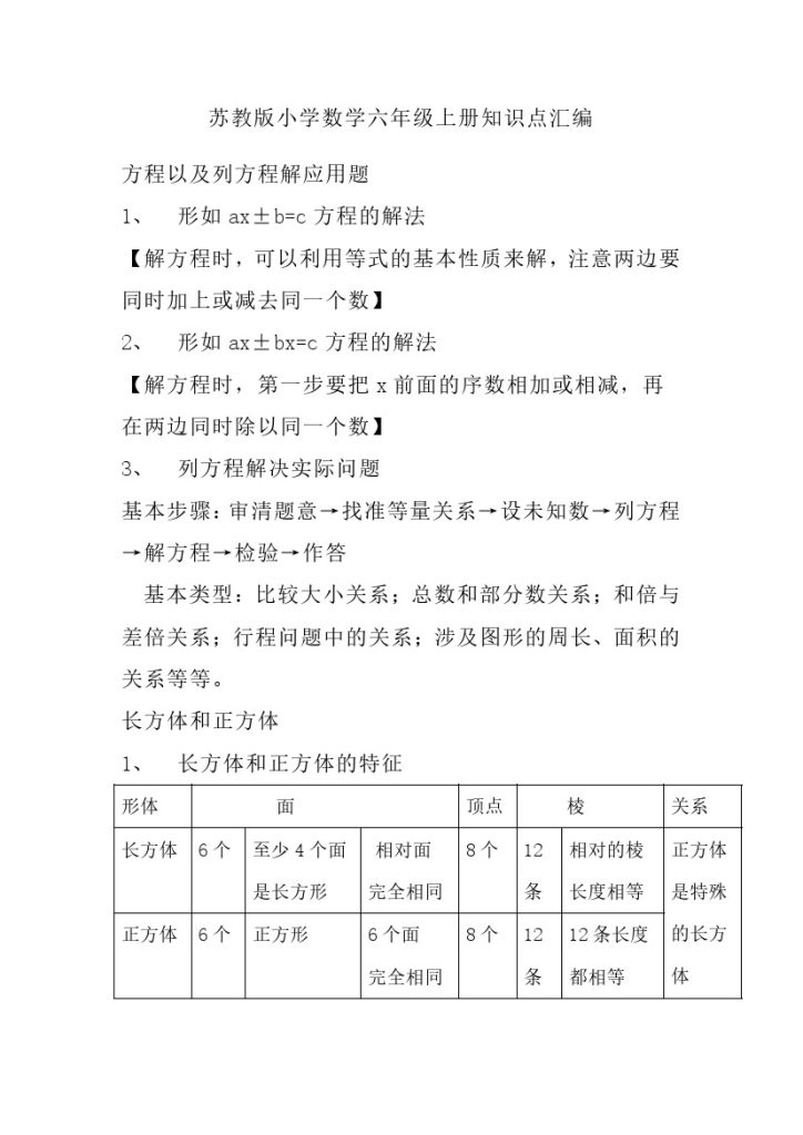六（上）苏教版数学知识汇总预习-可达学习资料