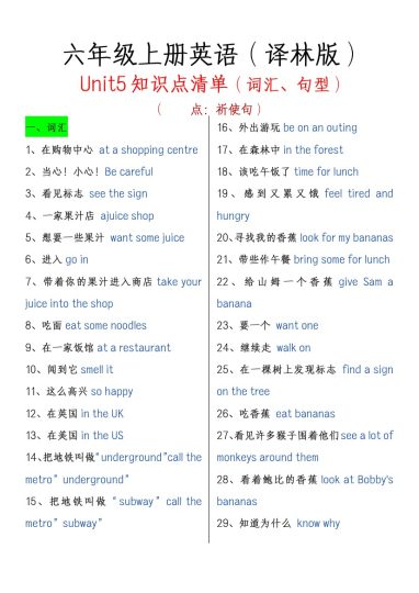 【六上英语 第五单元知识清单】译林版-可达学习资料
