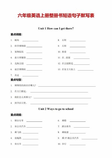 【五升六英语暑假】整册书短语句子默写表（人教pep版）-可达学习资料