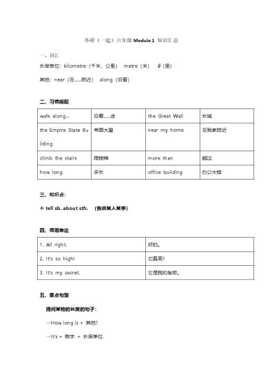 外研版（一起点）小学英语六年级上册知识点汇总-可达学习资料
