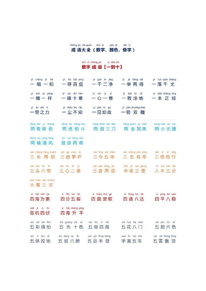 小学生必备成语大全拼音版(数字、颜色、叠字)-可达学习资料