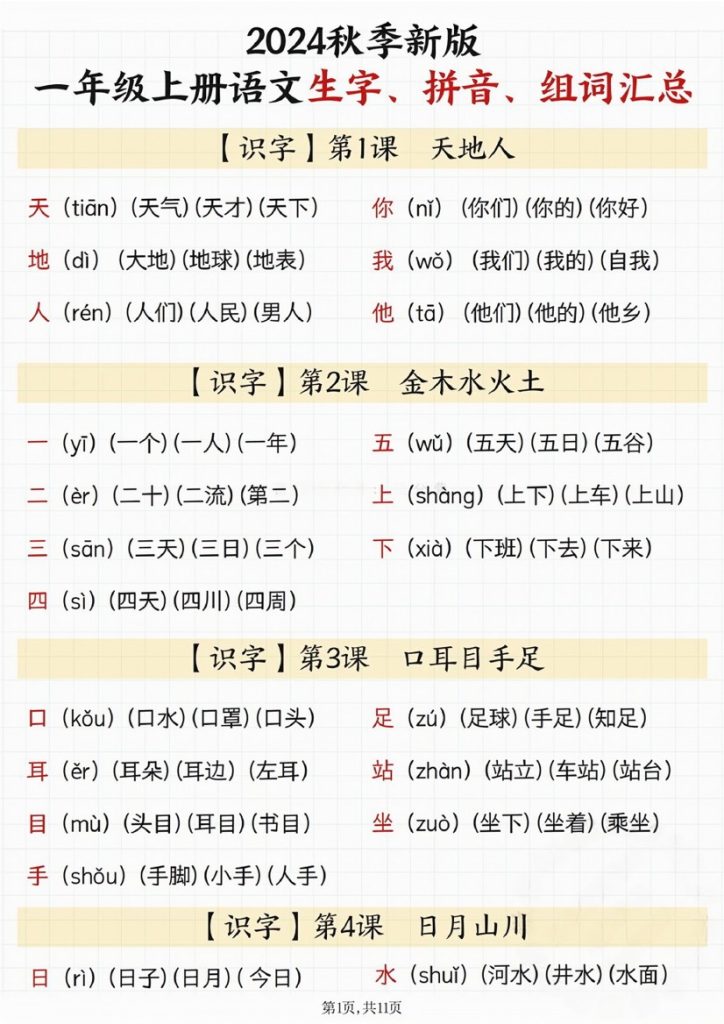 一年级上册生词识字表-可达学习资料