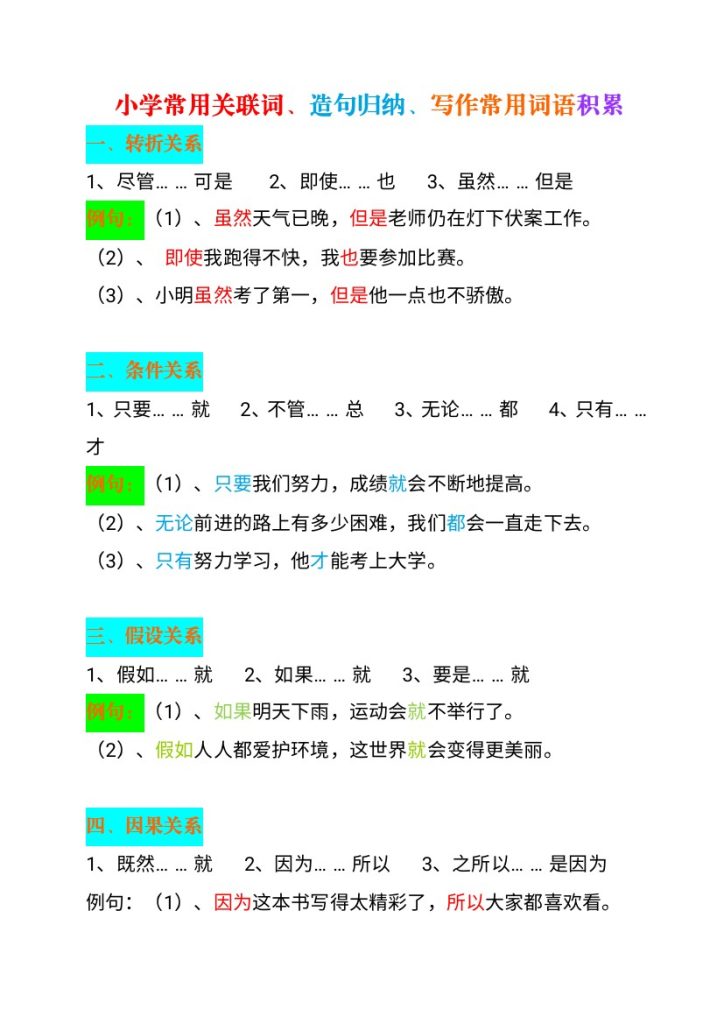 小学常用关联词、造句归纳、写作常用词语积累-可达学习资料