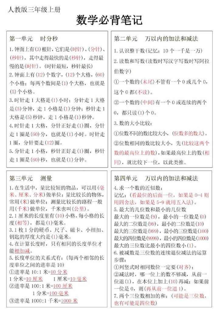 三年级上册数学必背笔记-可达学习资料