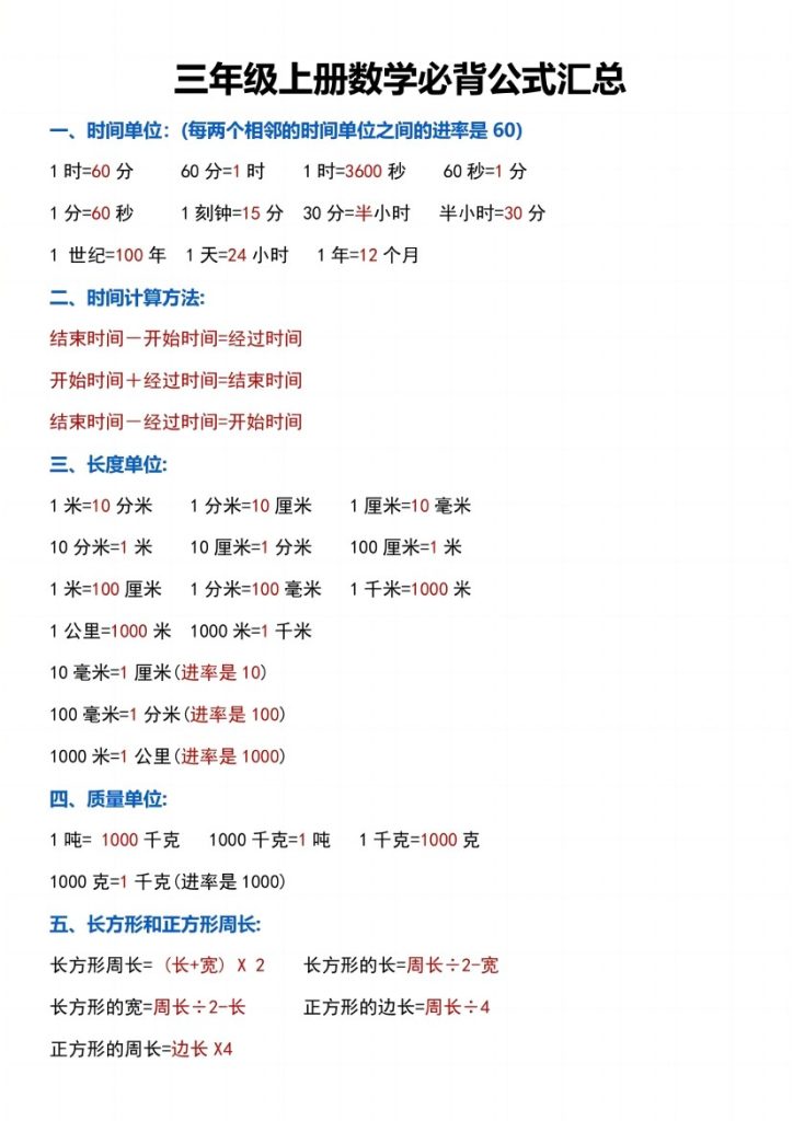 《数学必背公式汇总》三年级上册-可达学习资料