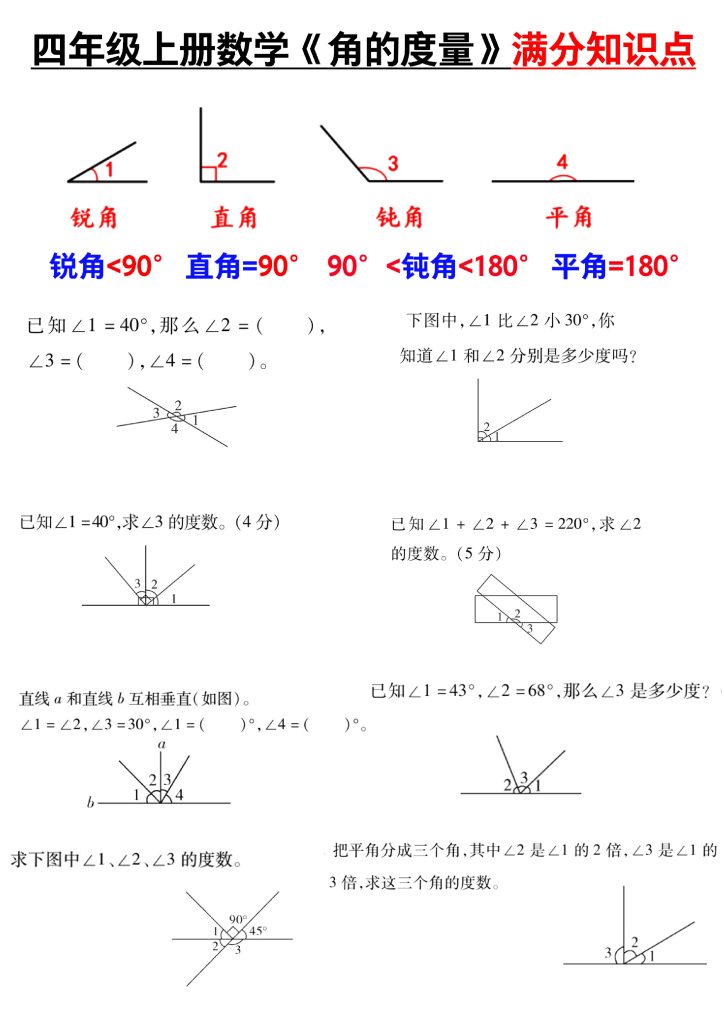 四年级上册数学角的度量满分知识点-可达学习资料