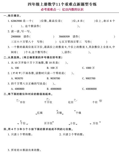 【11个重难考点必练卷】四上数学，囊括开学考试所有考点！-可达学习资料