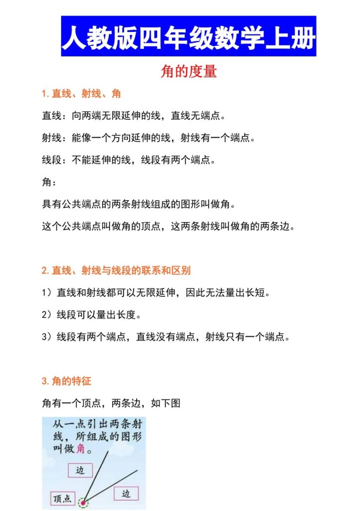 【角的度量知识点+真题测试】四上数学-可达学习资料