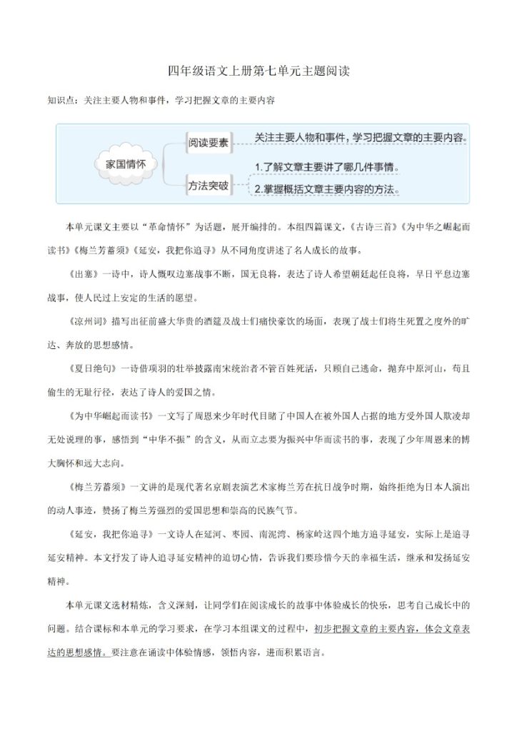 四上丨语文 第7单元-知识梳理+精选阅读（部编版）-可达学习资料