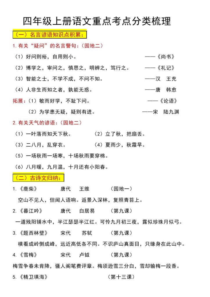 四上丨语文 古诗谚语词语梳理（部编版）-可达学习资料