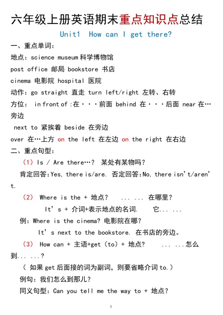 【常考知识点归纳】人教PEP版英语六年级上册-可达学习资料