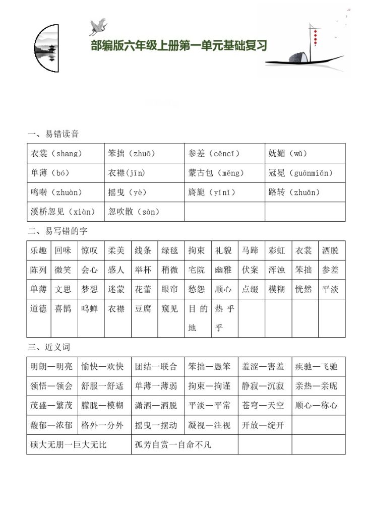 【知识梳理+基础检测】六上语文 第1单元基础复习-可达学习资料