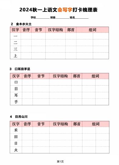 秋一年级上册语文《会写字》打卡梳理表(1)-可达学习资料