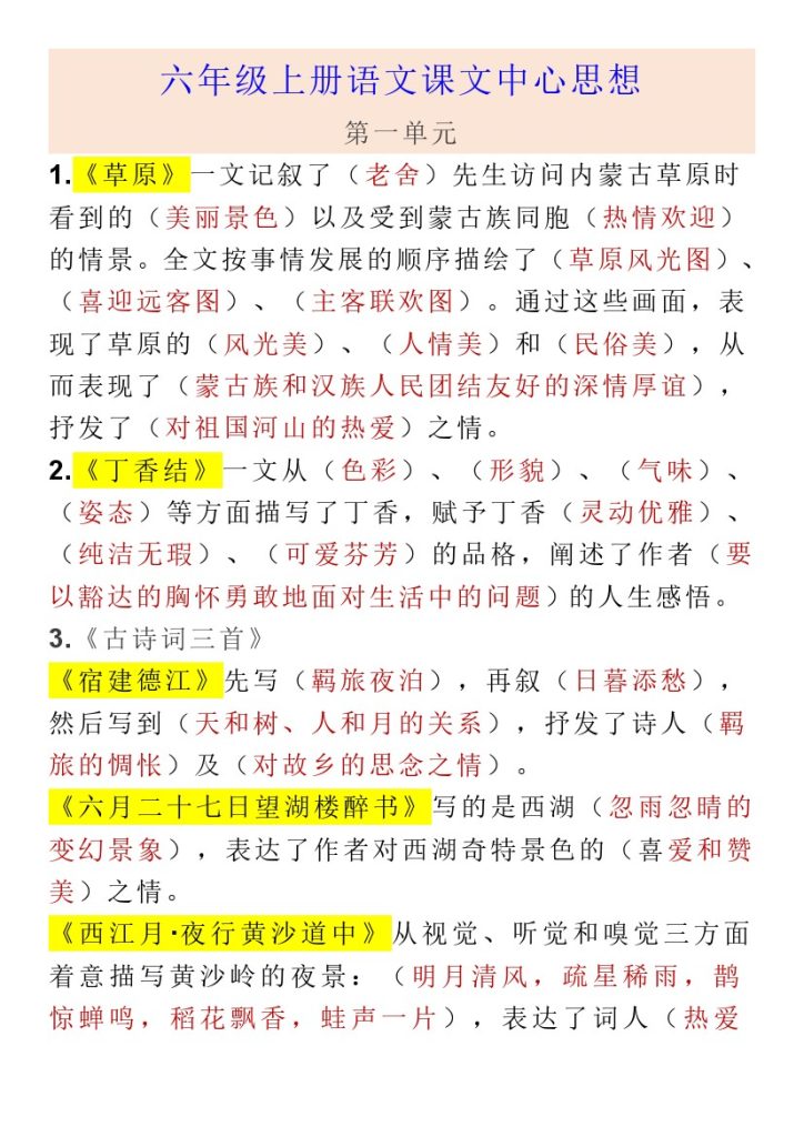 《各单元中心思想》六年级上册语文-可达学习资料