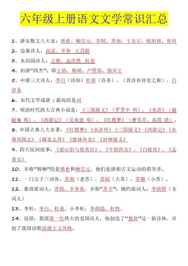 《文学常识》六年级上册语文-可达学习资料