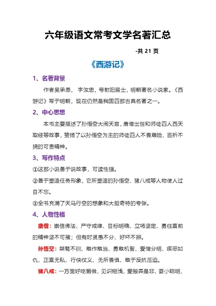 六年级语文常考文学名著汇总-可达学习资料