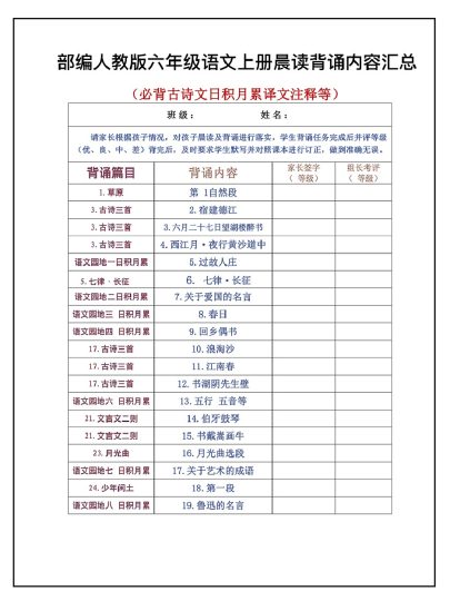 新六年级语文部编版课内背默汇总晨读晚默小纸条-可达学习资料