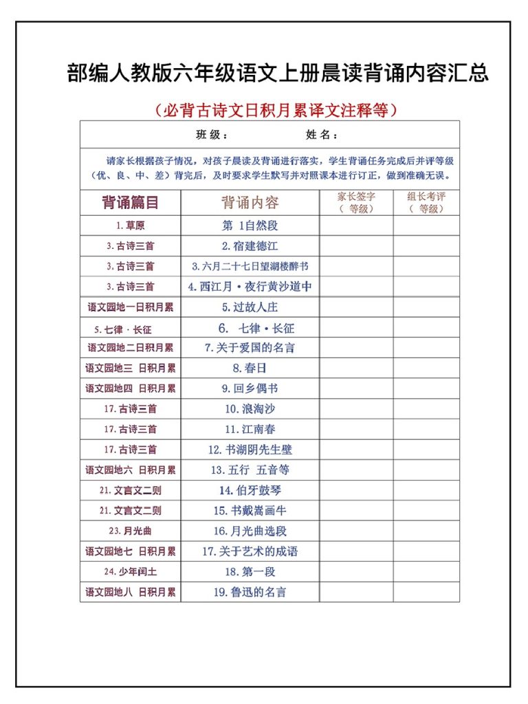 新六年级语文部编版课内背默汇总晨读晚默小纸条-可达学习资料