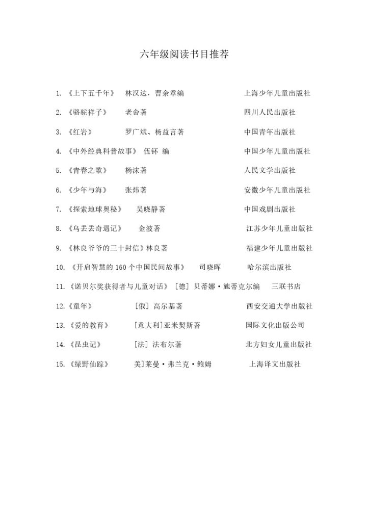 六年级阅读书目推荐-可达学习资料