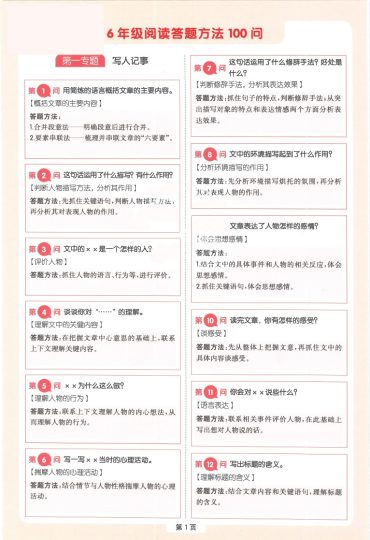 六年级24版《一本阅读答题方法100问专题卡片》-可达学习资料