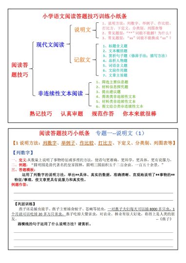 六上语文阅读答题技巧训练小纸条-可达学习资料