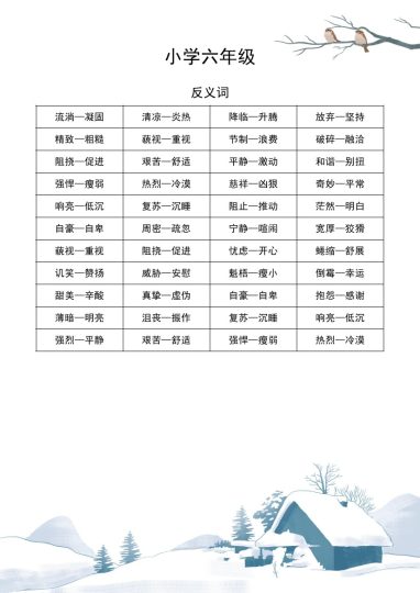 六上语文近义词和反义词汇总0-可达学习资料