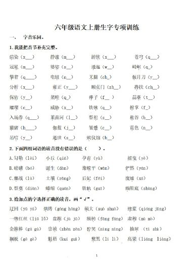 六（上）语文期末：语文生字专项训练 (1)-可达学习资料
