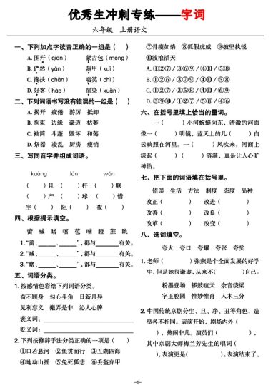 《六上语文优秀生冲刺专练—字词句、非连续性文件和名著阅读》 (1)-可达学习资料