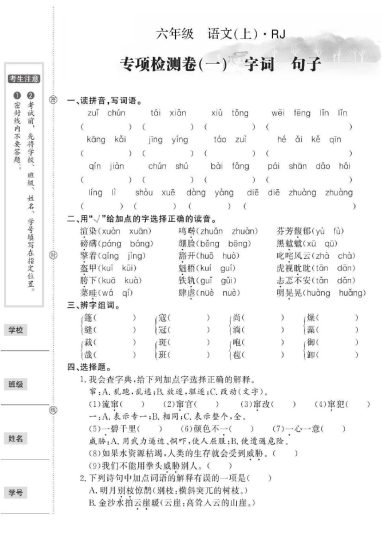 《专项检测卷（一）字词、句子》六上语文【人教版】 (1)-可达学习资料