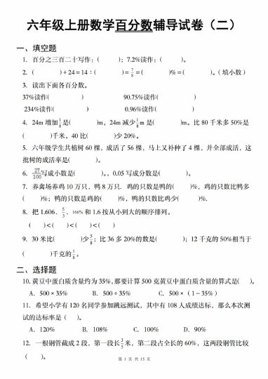 【9-3】【数学】【人教】六年级上册数学百分数辅导试卷（二）-可达学习资料