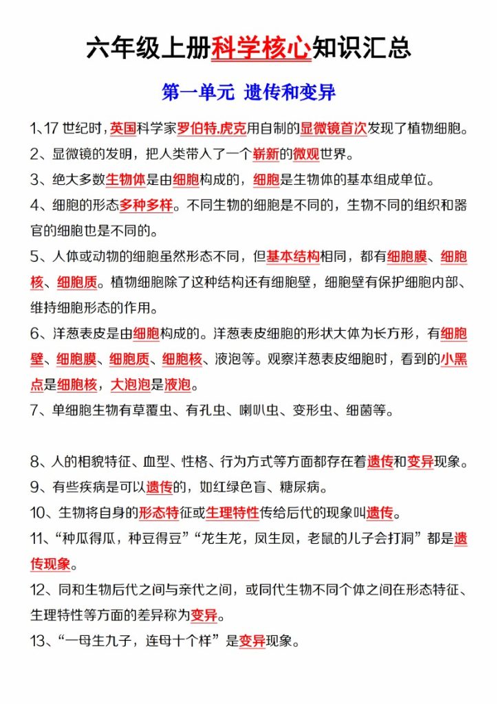 【9-25】【科学】【青岛63版】六年级上册科学核心知识点汇总【1-3】单元-可达学习资料