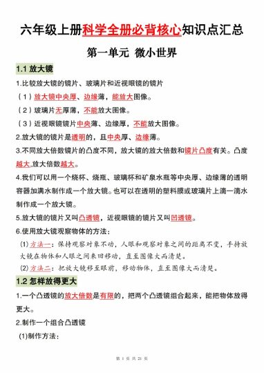 【9-29】【科学】【教科版】六年级上册科学全册必背核心知识点汇总-可达学习资料