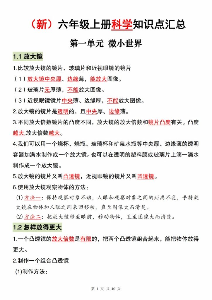 【9-21】【科学】六年级上册科学第一单元知识点汇总-可达学习资料